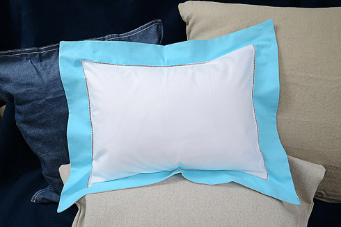 Hemstitch Baby Pillow 12"x16" Aqua Marine color border. - Click Image to Close